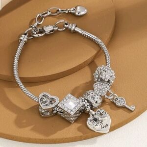 Silver Heart and Key Charm Bracelet